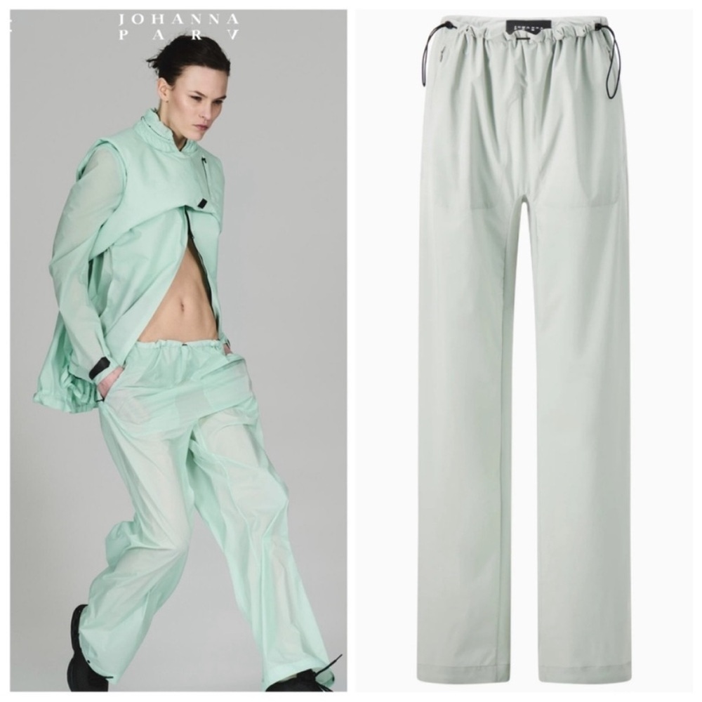 Johanna Parv Designer Sz M Blue Grey Cover Nylon Trousers NWOT cinch waist